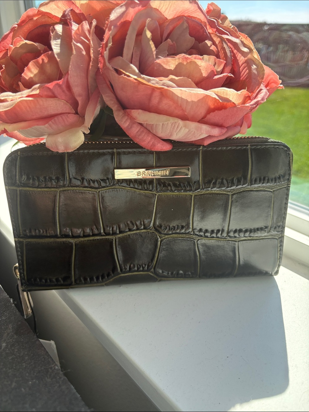 Brahmin Croc-Embossed Leather Zip Wallet with Gold Plaque